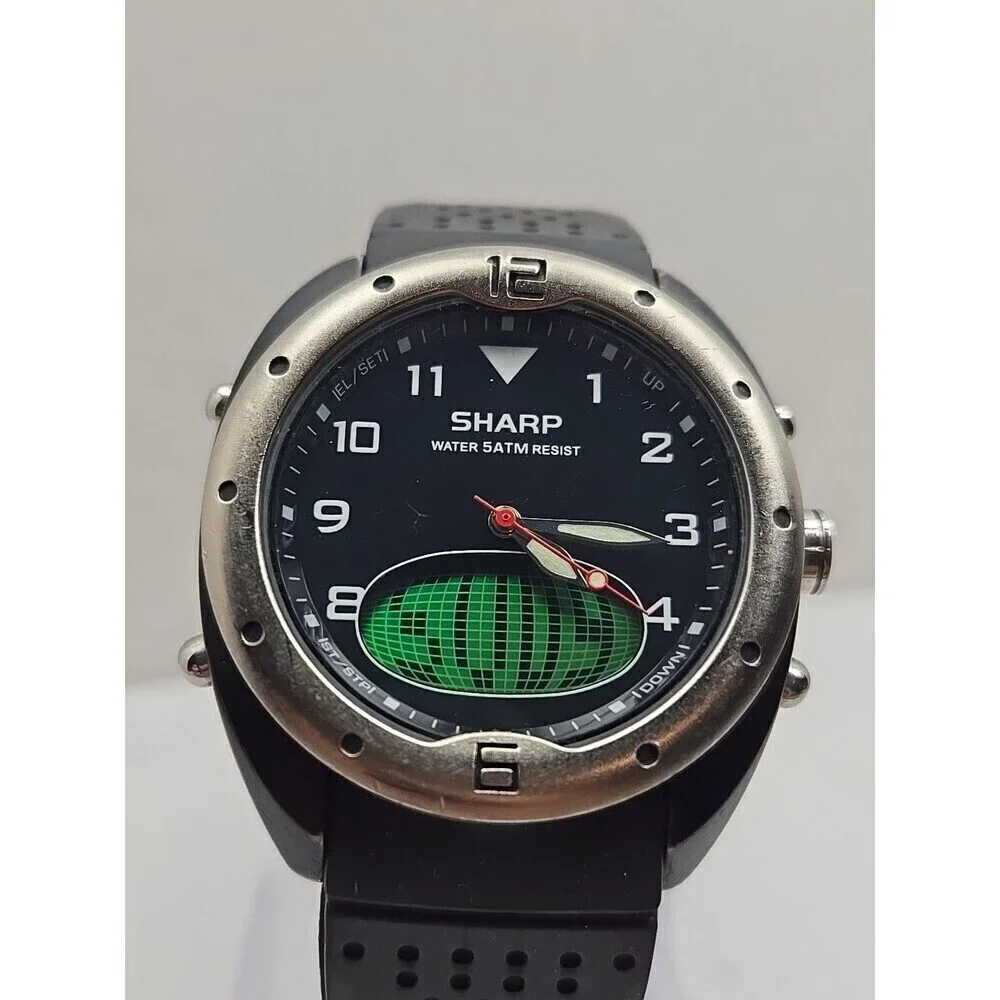 Sharp Analog Digital Quartz Sport Watch 5 ATM Black Rubber Band New Battery Mens